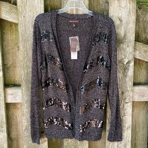 Black sequin striped black and silver metallic open sweater